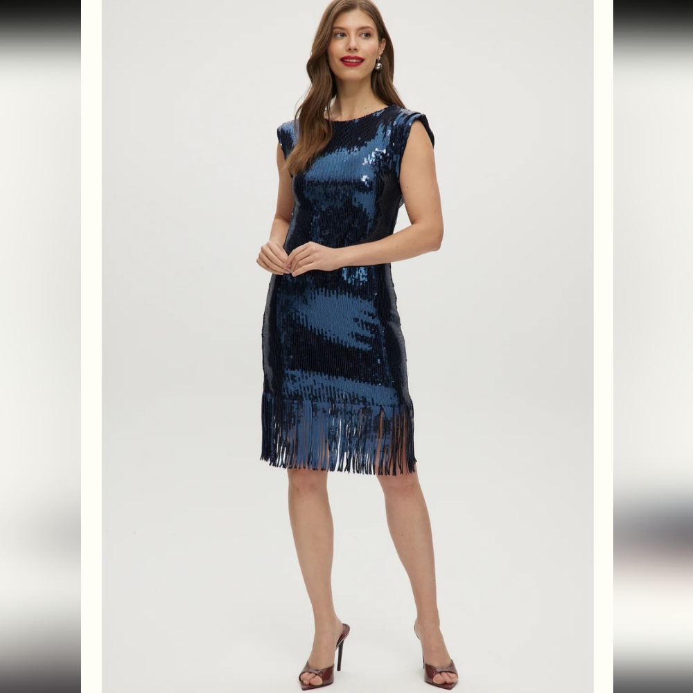 JOIE | Women's Navy Fitted Sparkling Sequin Cap Sleeved Fringed Midi Dress